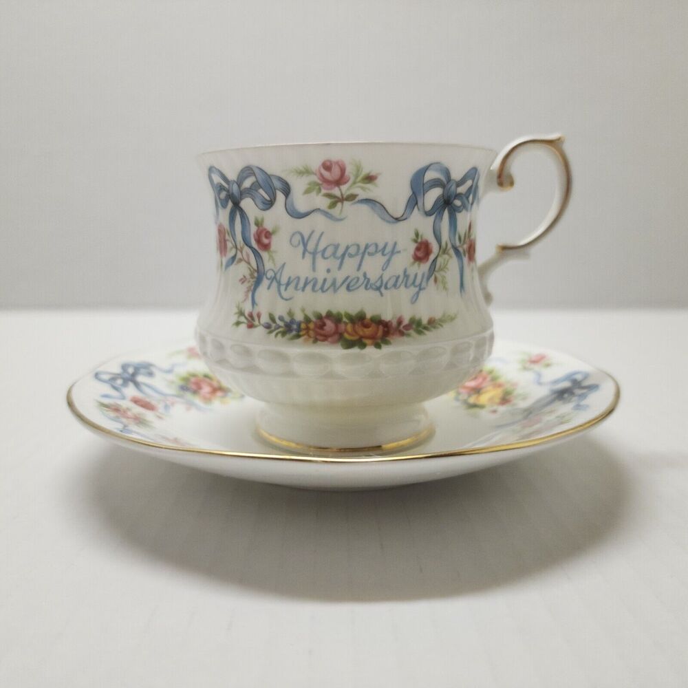 Vintage Rosina Queens England  Happy Anniversary Cup & Saucer Roses Bone China - Picture 2 of 8